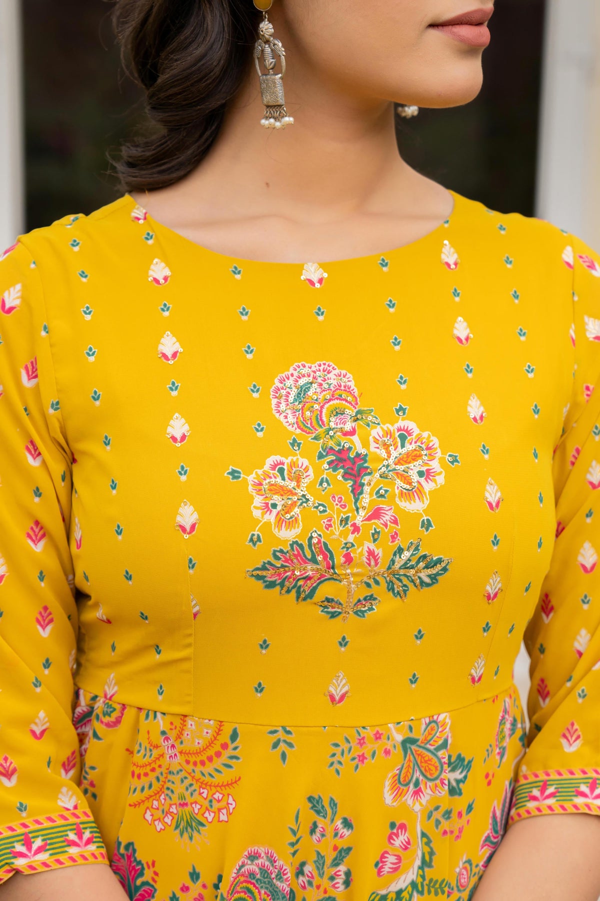 Juniper Women's Mustard Floral Printed Georgette Dress With Sequins | Grocsy