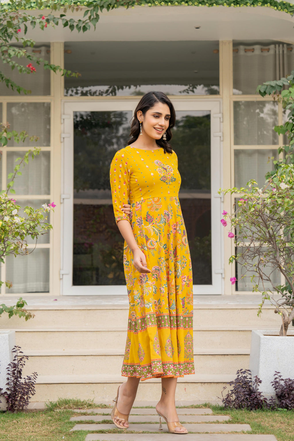 Juniper Women's Mustard Floral Printed Georgette Dress With Sequins | Grocsy