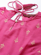 Sangria Women Pink & Golden Ethnic Motifs Printed Keyhole Neck Kurta | Grocsy