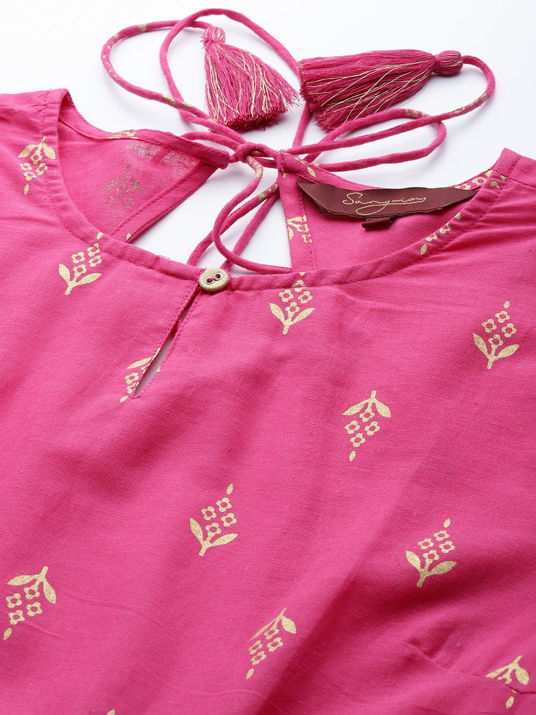 Sangria Women Pink & Golden Ethnic Motifs Printed Keyhole Neck Kurta | Grocsy