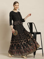 Juniper Women's Black Rayon Printed Flared Lehenga Choli Sets | Grocsy