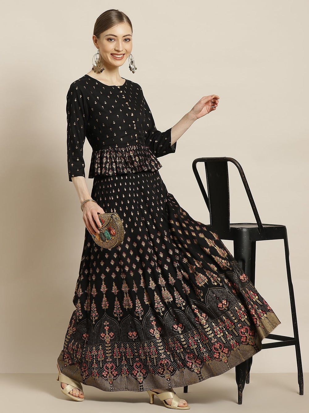 Juniper Women's Black Rayon Printed Flared Lehenga Choli Sets | Grocsy