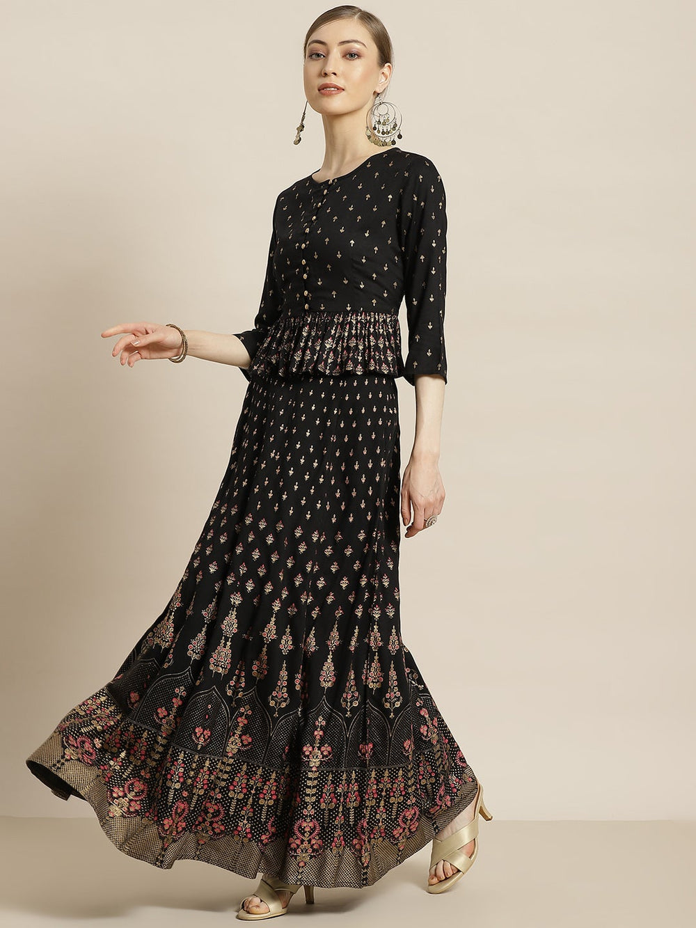 Juniper Women's Black Rayon Printed Flared Lehenga Choli Sets | Grocsy