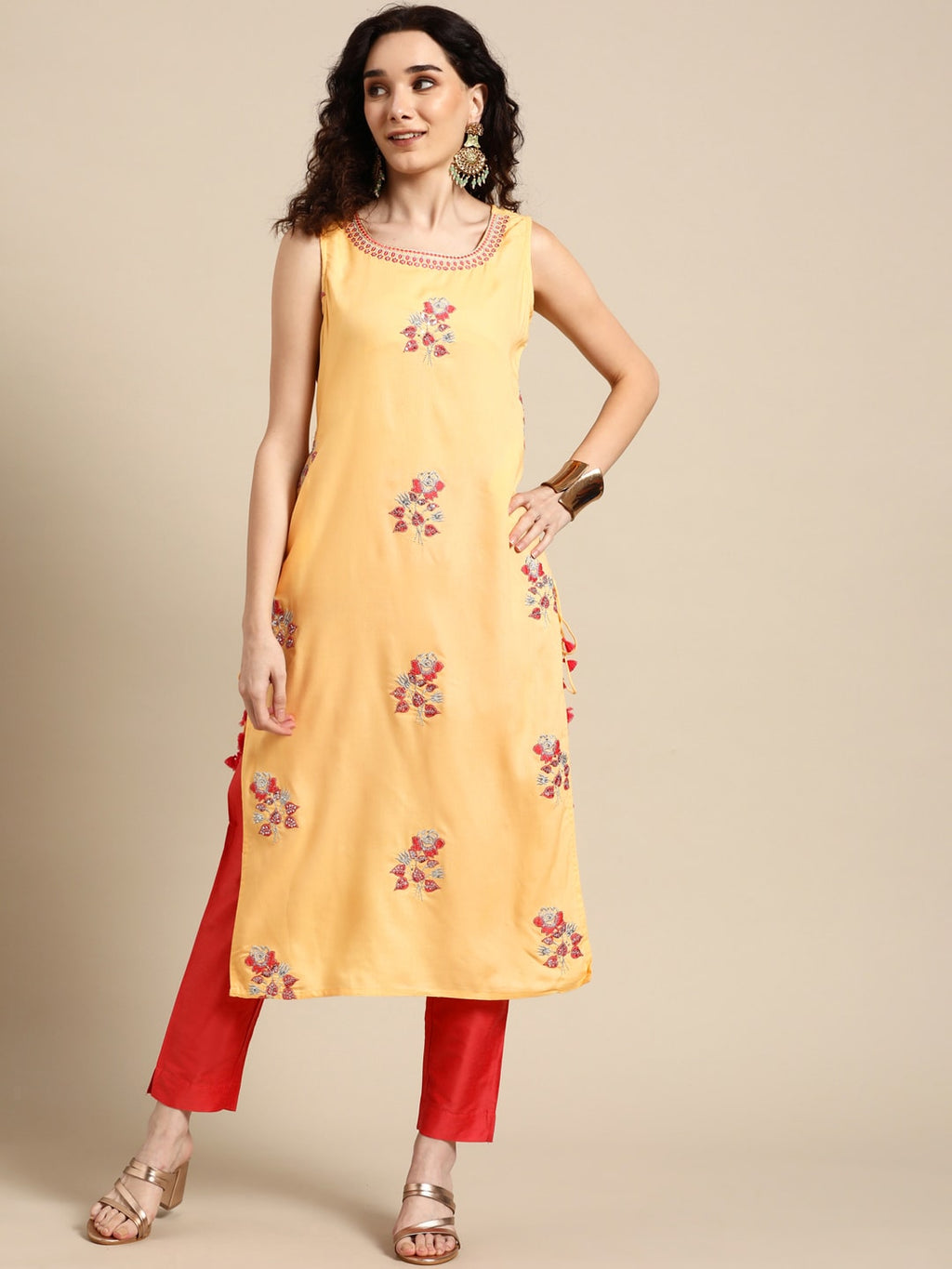 Sangria Women Yellow Floral Embroidered Sequinned Kurta with Trousers | Grocsy