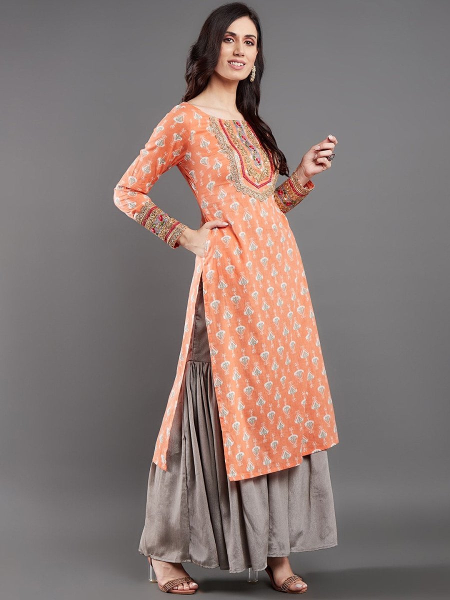 Aks Ethnic Motifs Printed Sequinned Pure Cotton A Line Kurta | Grocsy