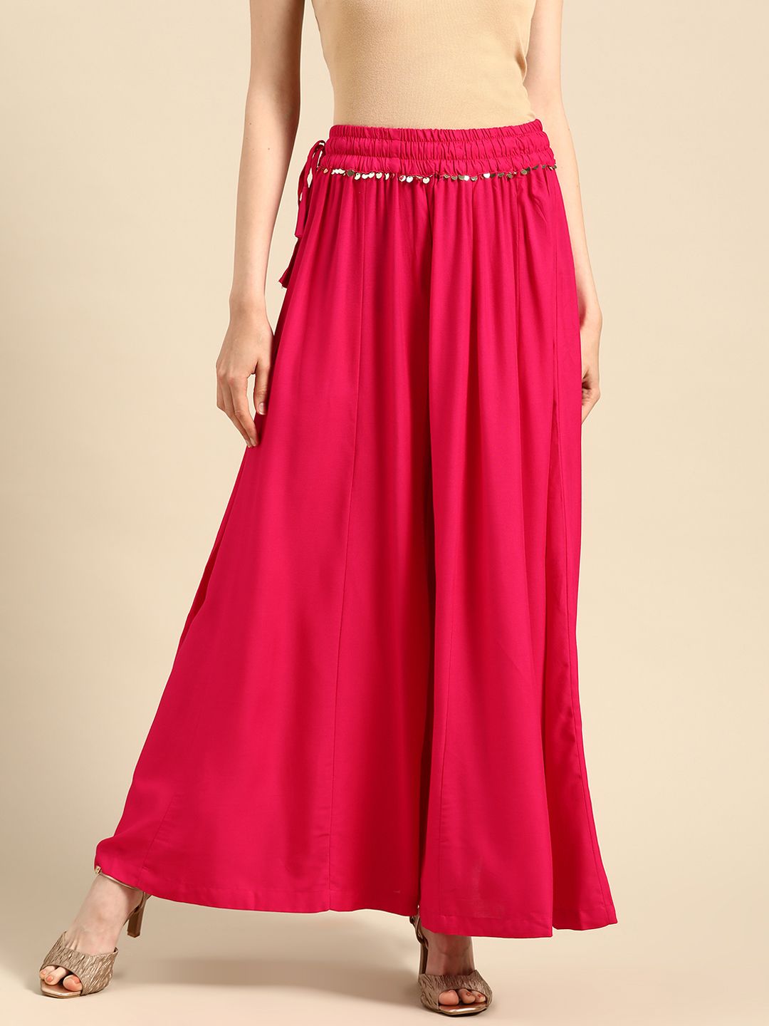 TAG 7 Women Magenta Solid Flared Palazzos | Grocsy