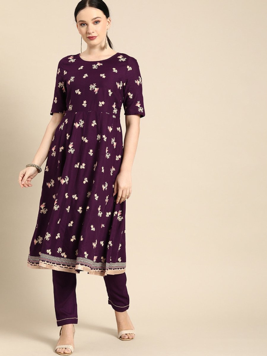 All About You Women Purple Floral Print Regular Kurta with Trousers | Grocsy
