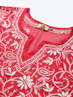 ADA Women Carrot Pink & White Floral Hand Embroidered Chikankari Handloom Kurta & Matching slip | Grocsy