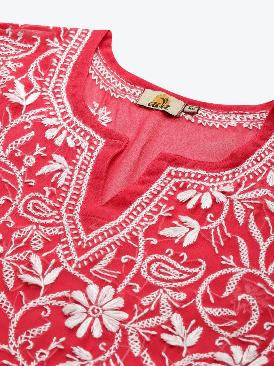 ADA Women Carrot Pink & White Floral Hand Embroidered Chikankari Handloom Kurta & Matching slip | Grocsy