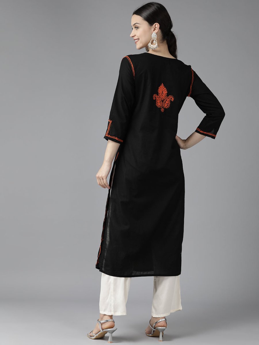ADA Women Black & Orange Ethnic Motifs Embroidered Chikankari Kurta | Grocsy
