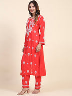 HOUSE OF KARI Floral Embroidered Chikankari Pure Cotton Straight Kurta With Trousers | Grocsy