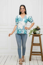 Myshka Women White Floral V-Neck Flutter Sleeves Viscose Rayon Top | Grocsy