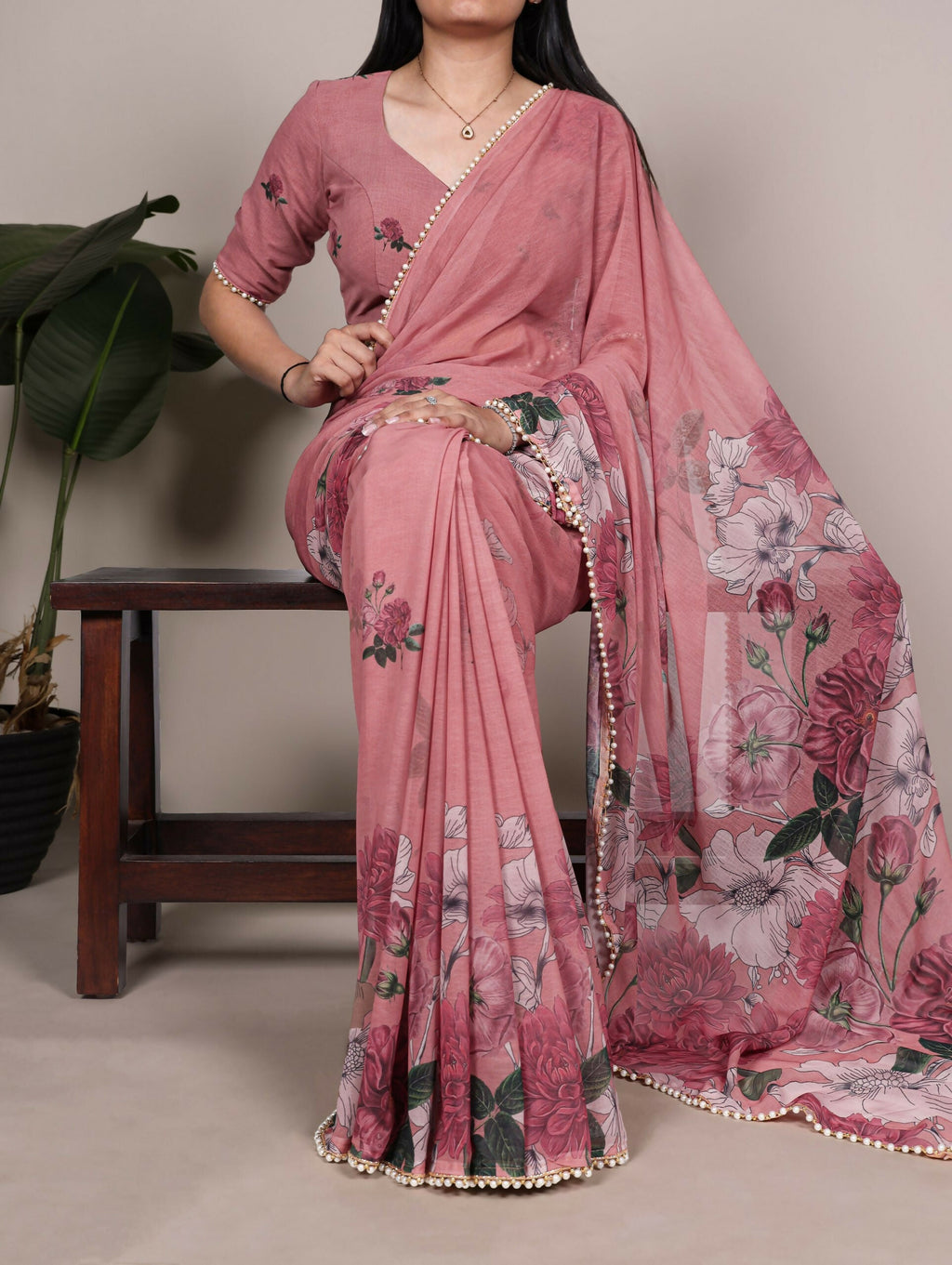 Vastranavya Peach Weightless Marble and Floral Printed Georgette Saree with Unstitched Blouse | Grocsy