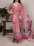 Vastranavya Peach Weightless Marble and Floral Printed Georgette Saree with Unstitched Blouse | Grocsy