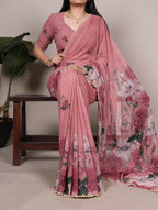 Vastranavya Peach Weightless Marble and Floral Printed Georgette Saree with Unstitched Blouse | Grocsy