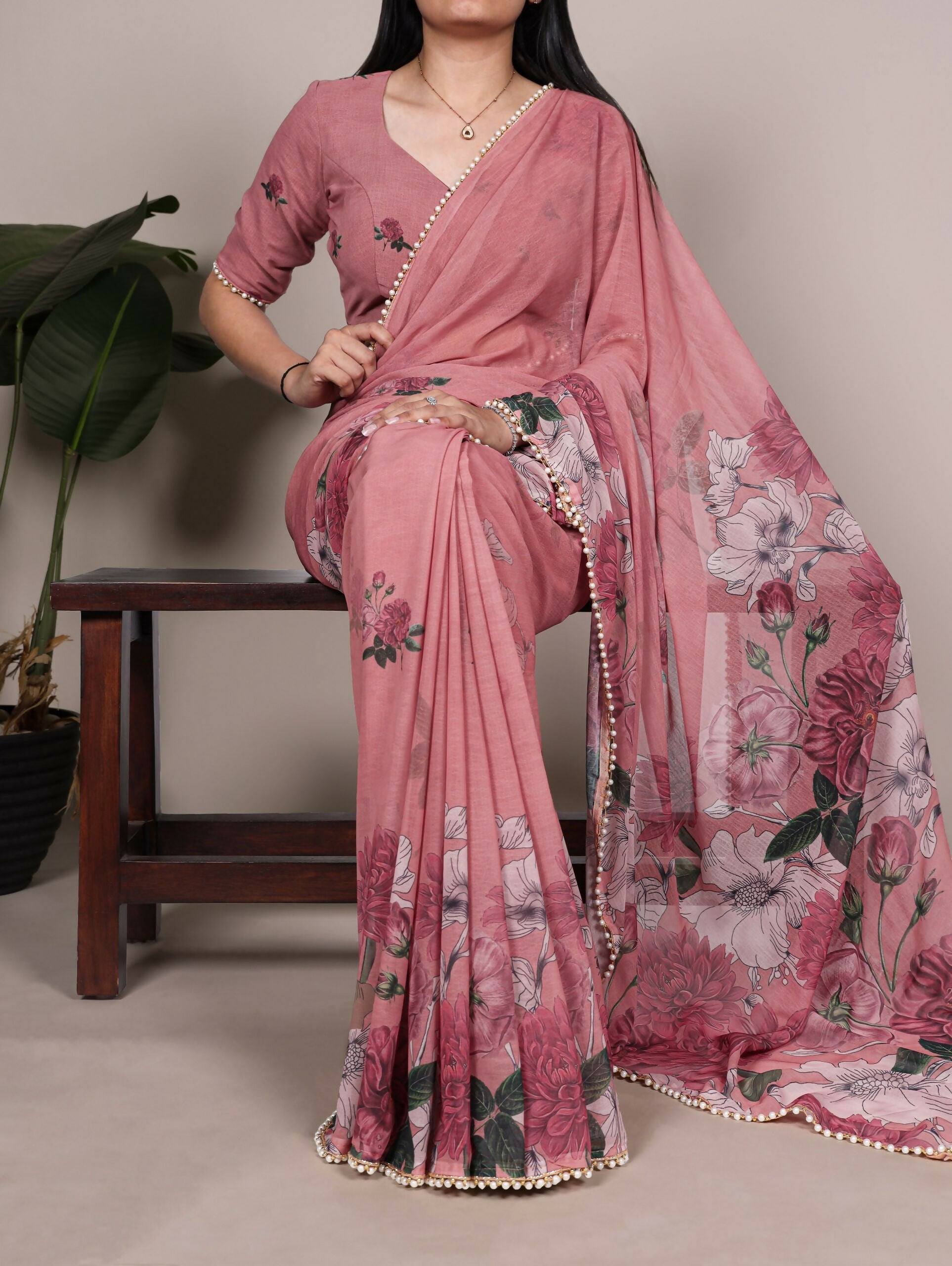 Vastranavya Peach Weightless Marble and Floral Printed Georgette Saree with Unstitched Blouse | Grocsy