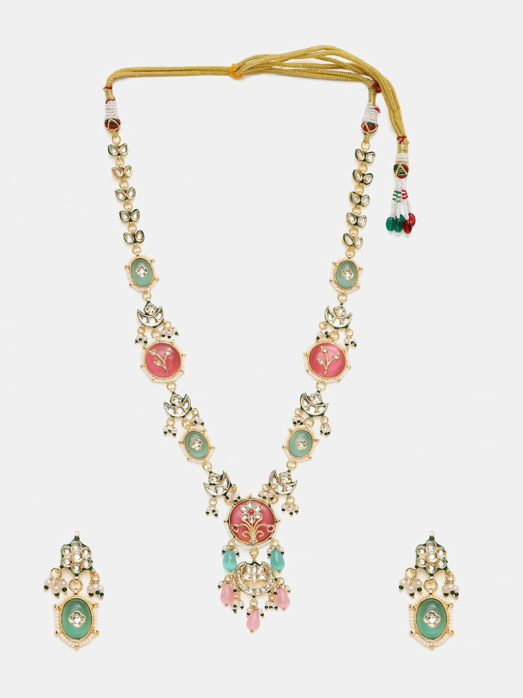 Ruby Raang Gold Polished Kundan Work Multi-Color Long Mint Stonework Necklace With Earrings | Grocsy