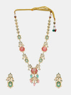 Ruby Raang Gold Polished Kundan Work Multi-Color Long Mint Stonework Necklace With Earrings | Grocsy