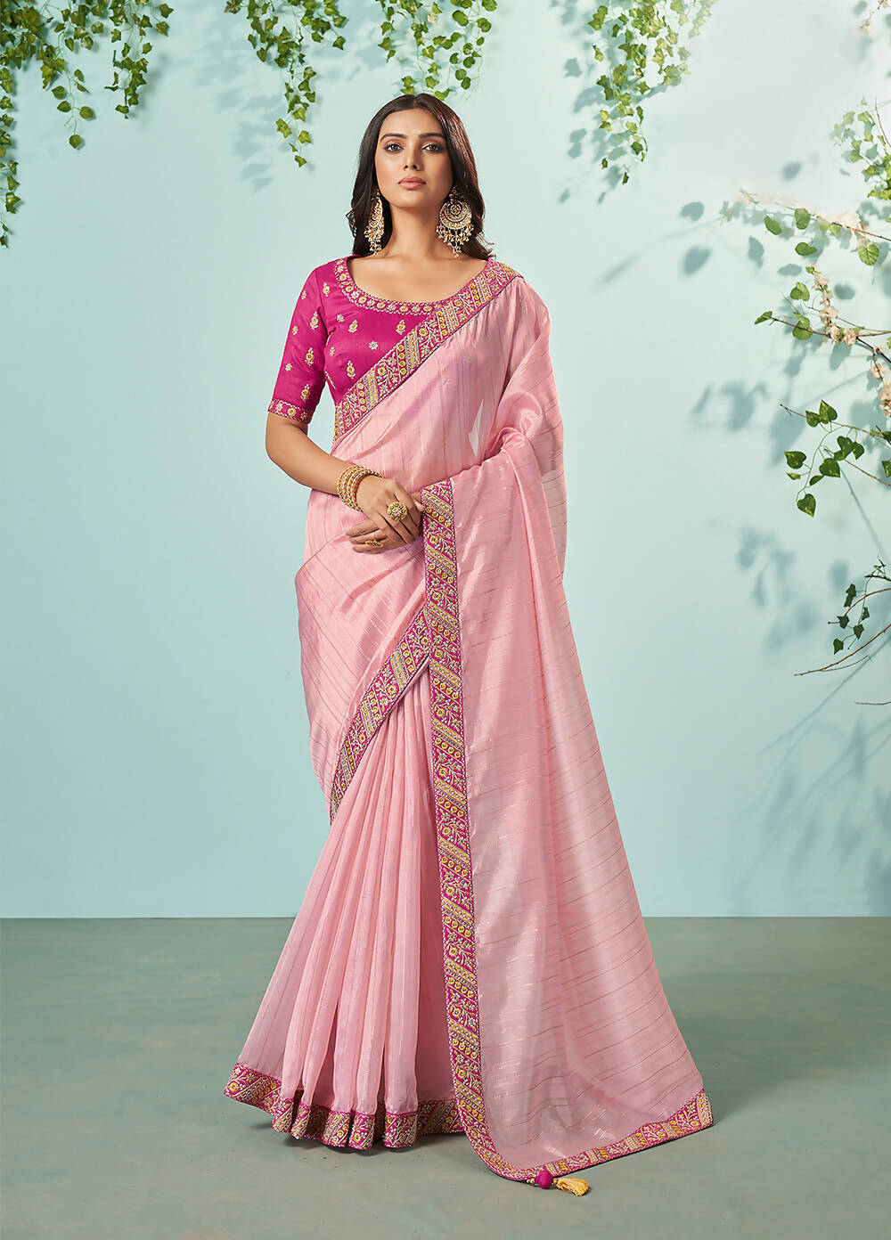 Light Pink Organza Texture Saree With Unstitched Blouse Piece - Norita Ikshita | Grocsy