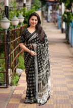 Black Poly Georgette Ajrak Saree with Unstitched Blouse - Hiral Fashion | Grocsy