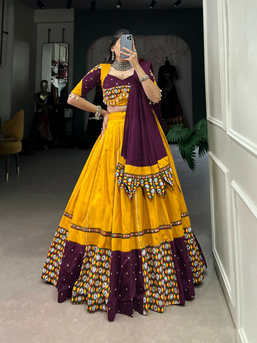 Vastranavya Navaratri Special Pure Cotton Paper Mirror Handwork With Gamthi Work With Gota Patti Touch Up Lehenga with Stitched Blouse - Mustard | Grocsy