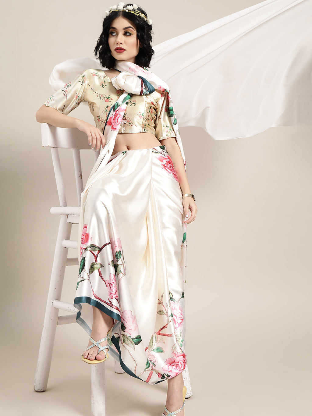 Saree Mall Cream-Coloured & Pink Satin Floral Block Print Saree | Grocsy