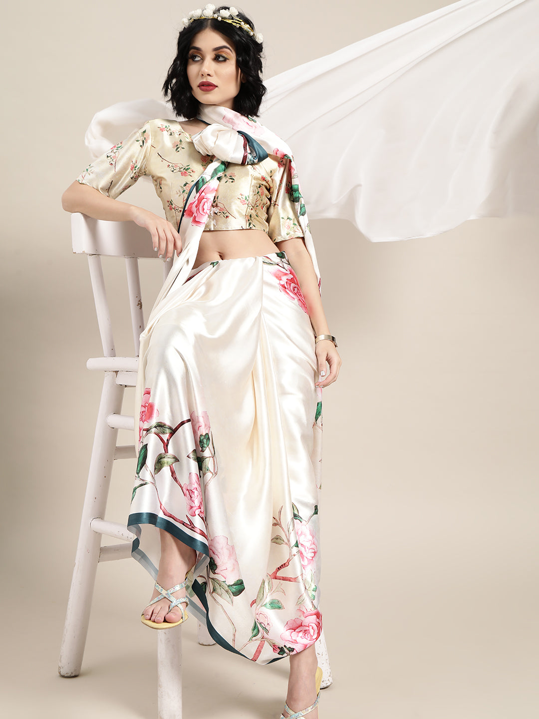 Saree Mall Cream-Coloured & Pink Satin Floral Block Print Saree | Grocsy