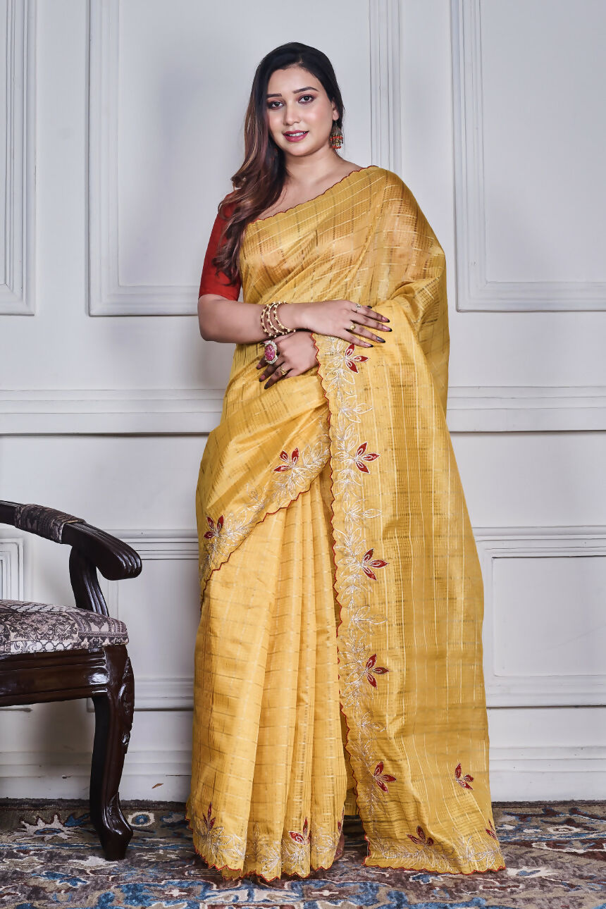Morchari Yellow Kota Check Zari Embroidery Saree Unstitched Blouse | Grocsy