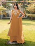 Nikhaar Light Brown Embroidered Art Silk Stitched A Line Kurta Palazzo Dupatta Readymade Suit | Grocsy