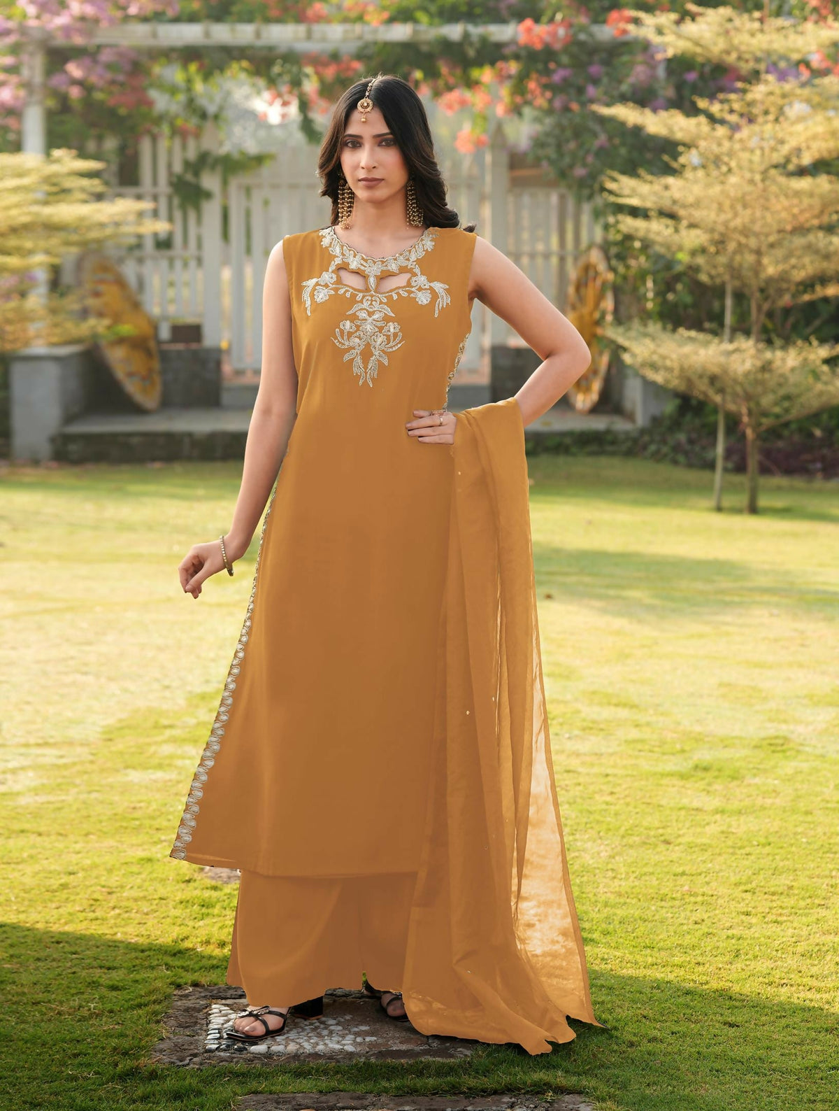 Nikhaar Light Brown Embroidered Art Silk Stitched A Line Kurta Palazzo Dupatta Readymade Suit | Grocsy