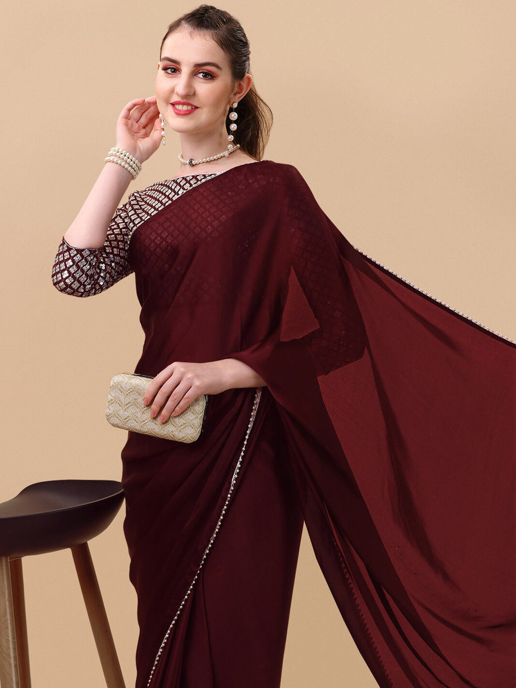 Sangria Women Burgundy Sarees | Grocsy