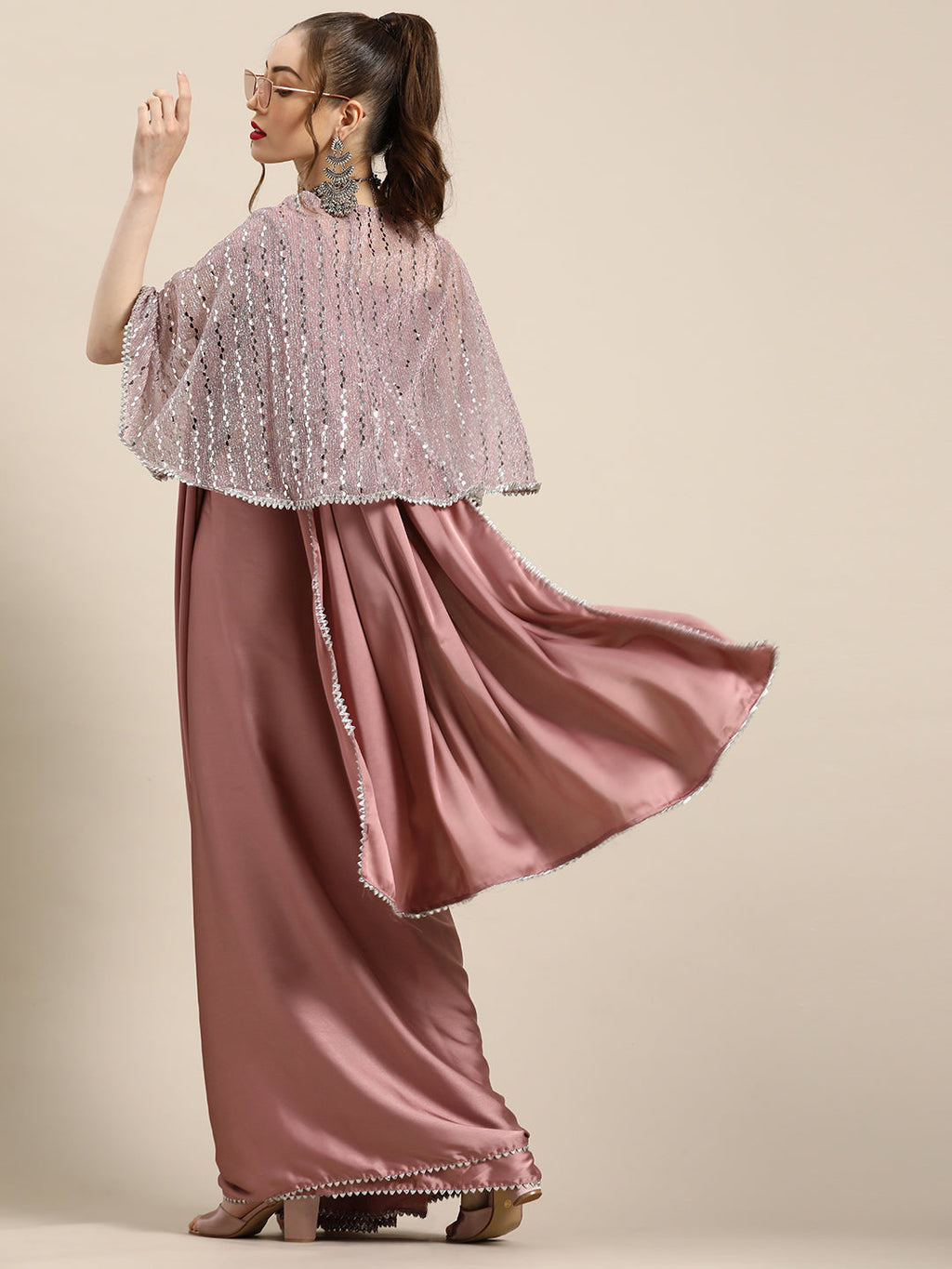 Tikhi Imli Trendy Mauve Sleek Poly Crepe Saree with Embellished Border & Cape | Grocsy