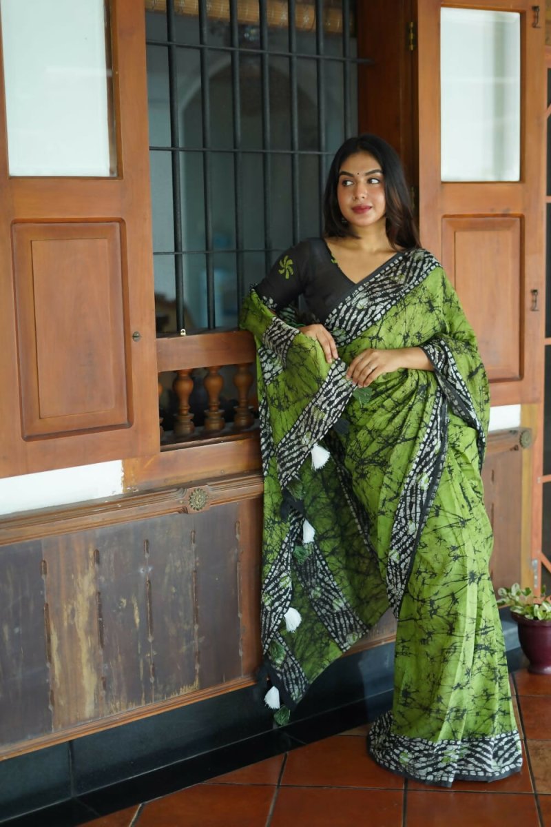 Arfa Fashion House Green Combination Pure Chanderi Cotton Batik Printed Saree | Grocsy