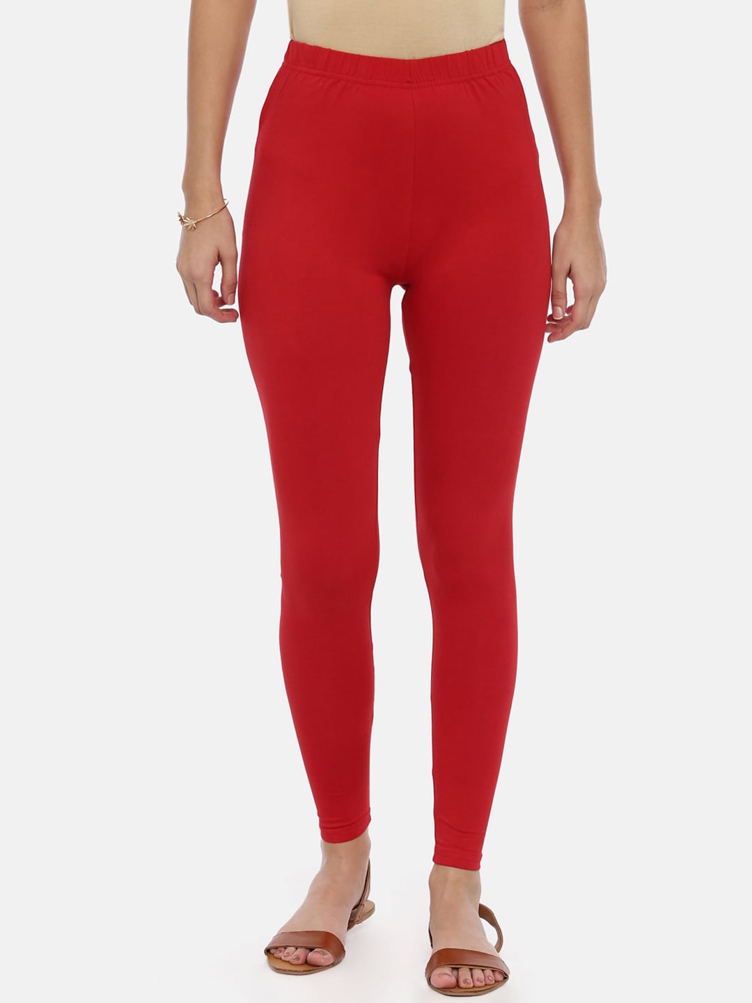 Souchii Red Solid Slim-Fit Ankle-Length Leggings | Grocsy