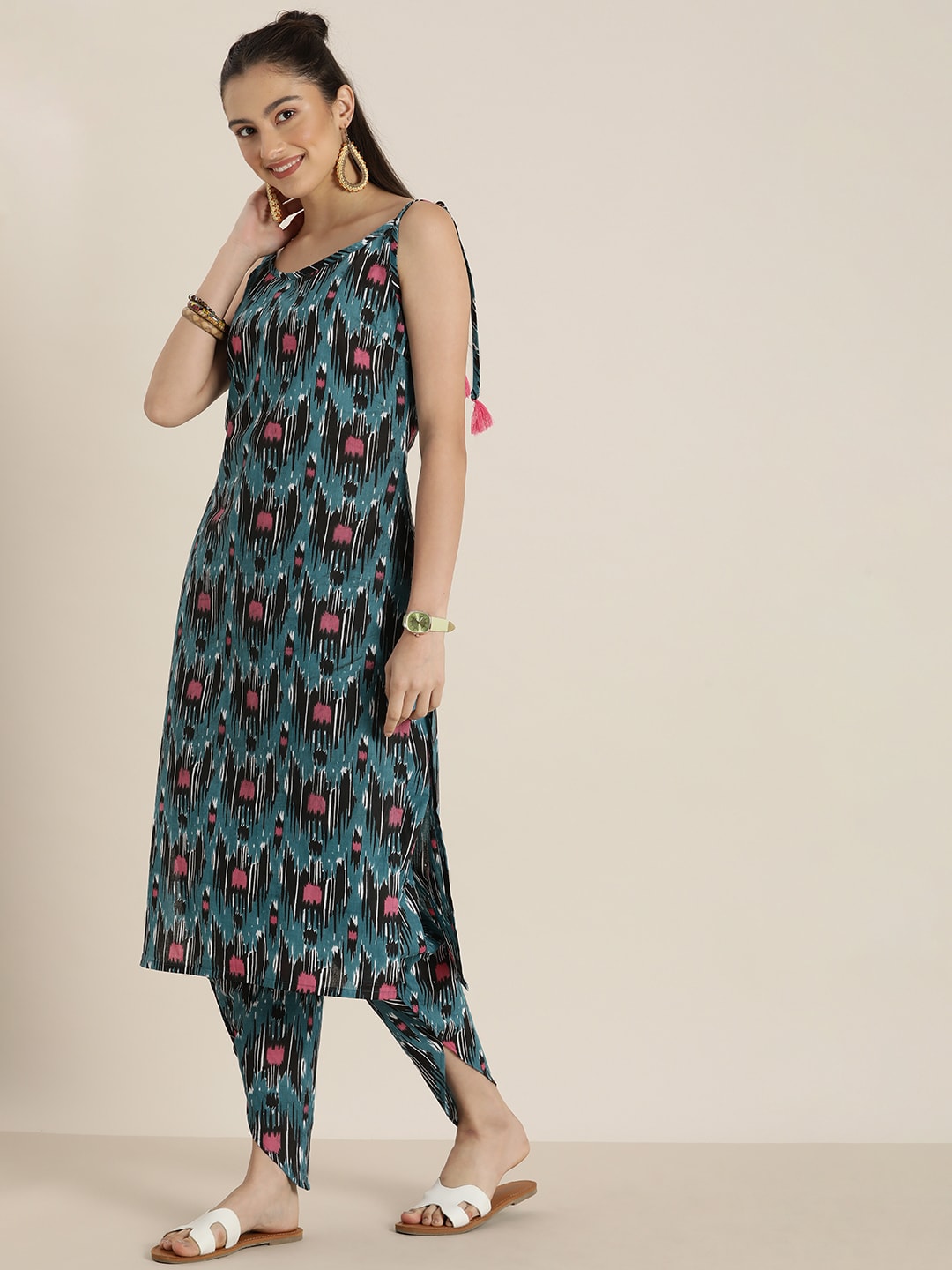 Sangria Women Blue & Pink Printed Pure Cotton Kurta with Dhoti Pants | Grocsy