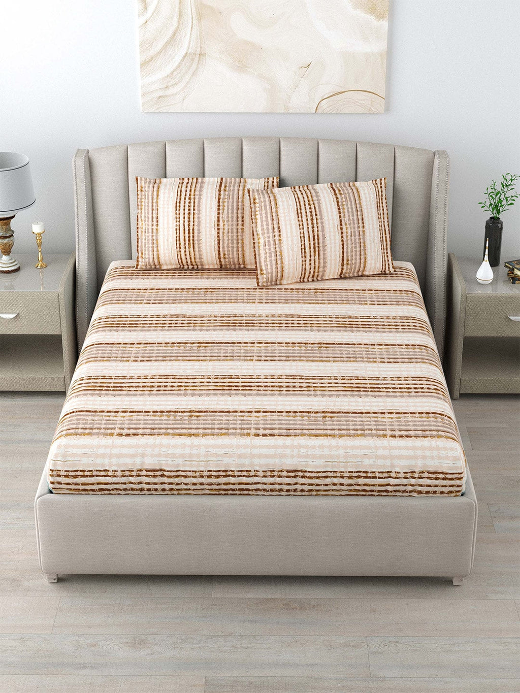 DREAM WEAVERZ Beige & Brown Striped Pure Cotton 220 TC King Bedsheet With 2 Pillow Covers | Grocsy