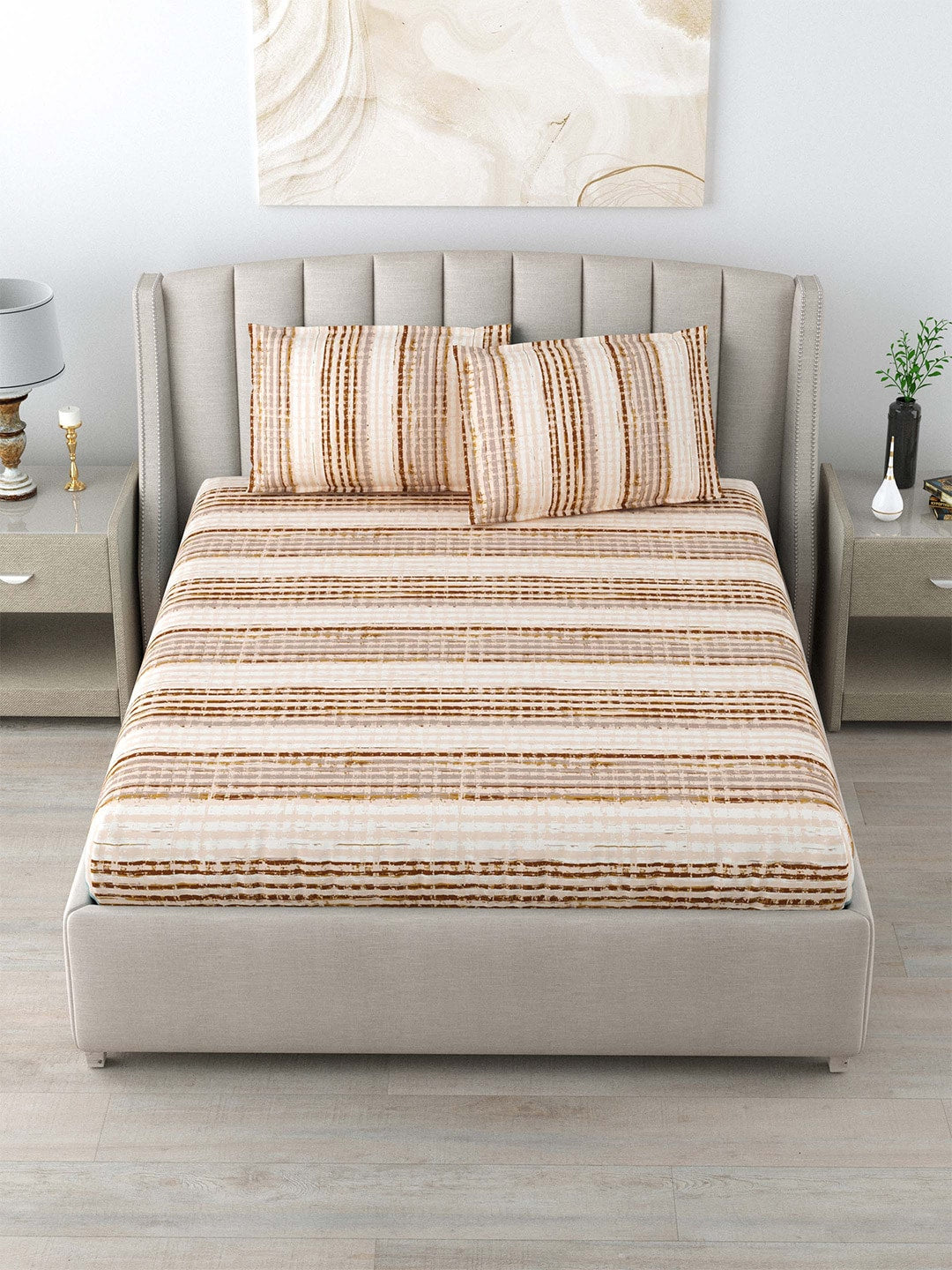 DREAM WEAVERZ Beige & Brown Striped Pure Cotton 220 TC King Bedsheet With 2 Pillow Covers | Grocsy