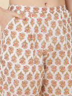 HERE&NOW Women White Floral Printed Pleated Pure Cotton Kurta with Trousers | Grocsy
