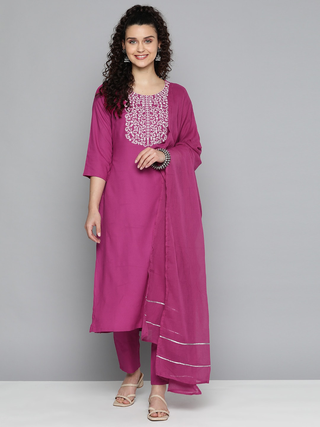HERE&NOW Ethnic Motifs Embroidered Kurta with Trousers & Dupatta | Grocsy