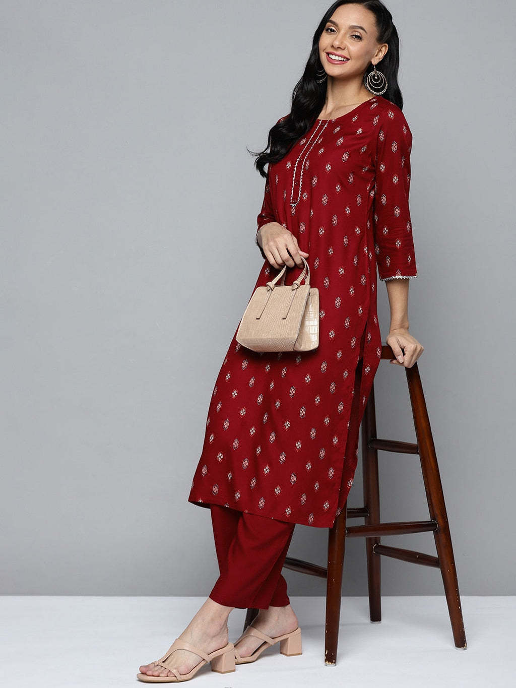 HERE&NOW Women Maroon Ethnic Motifs Printed Regular Kurta with Palazzos | Grocsy