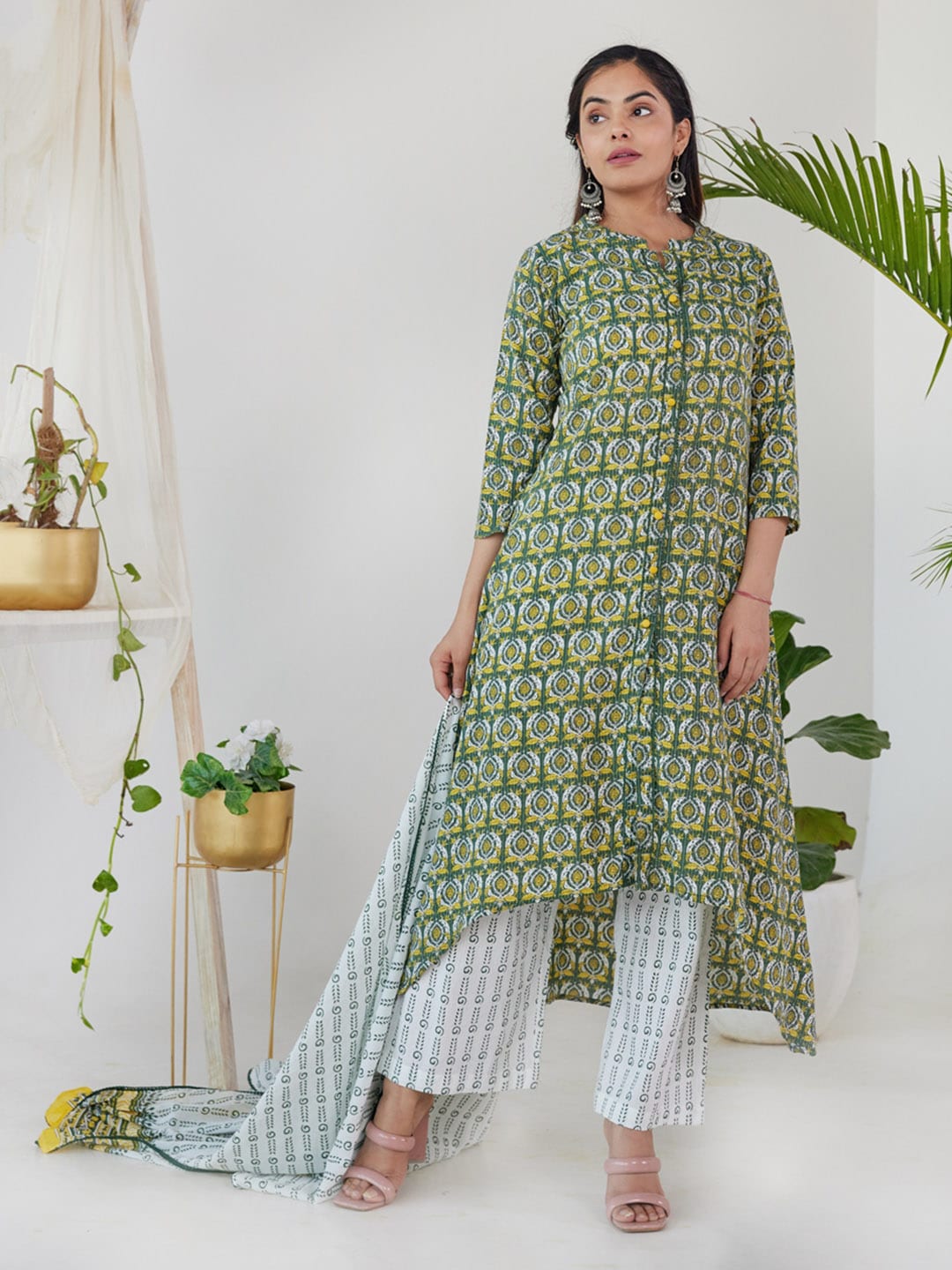 HERE&NOW Women Ethnic Motifs Printed Empire Pure Cotton Kurta with Palazzos & With Dupatta | Grocsy