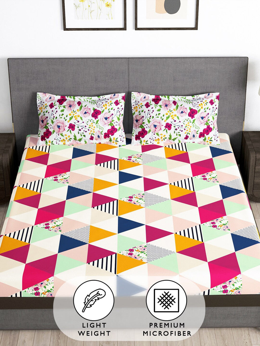 Story@home Arena Pink & Green Geometric Printed 180 TC Queen Bedsheet & 2 Pillow Covers | Grocsy