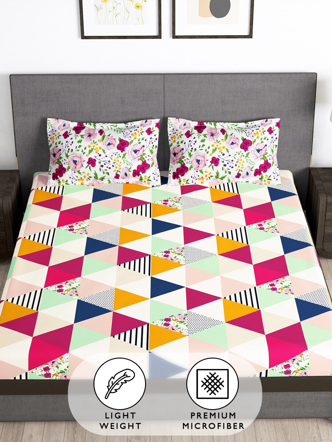 Story@home Arena Pink & Green Geometric Printed 180 TC Queen Bedsheet & 2 Pillow Covers | Grocsy