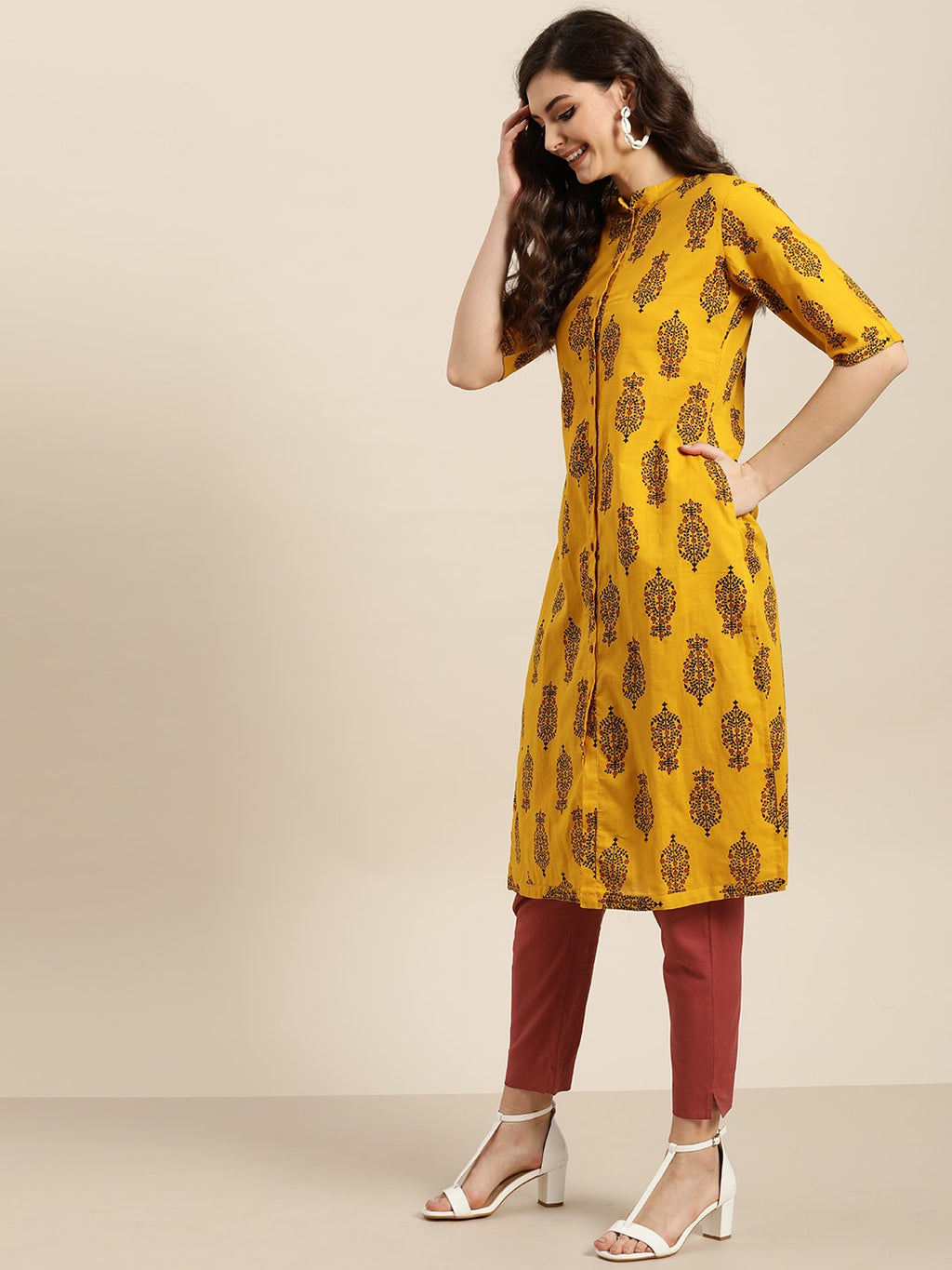 Sangria Women Mustard Yellow & Black Ethnic Motif Printed Kurta with Trousers | Grocsy