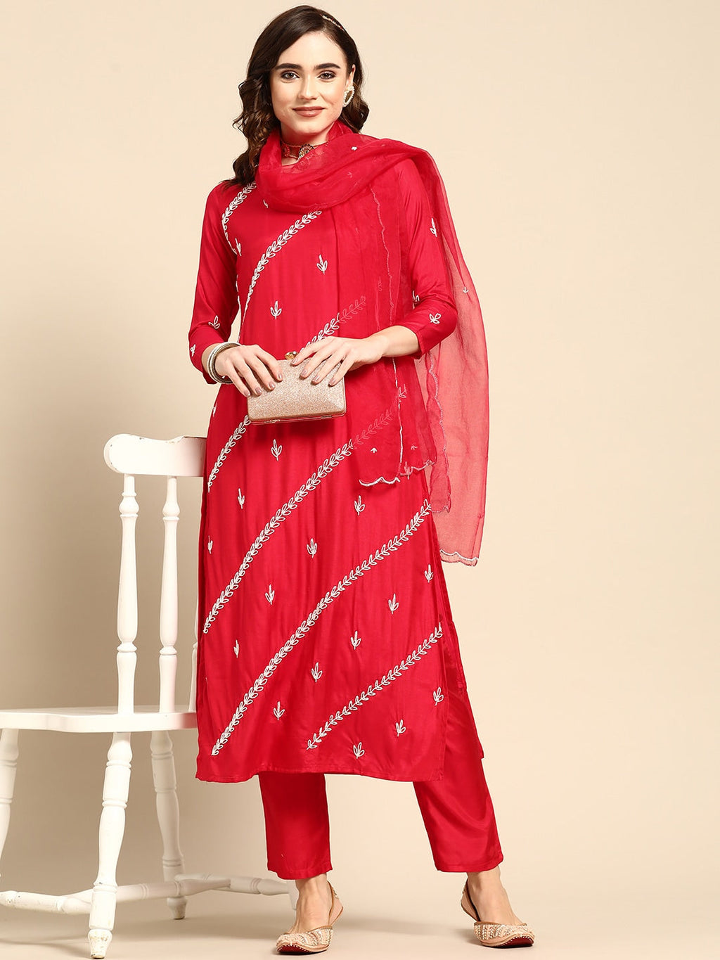 Sangria Women Red & White Ethnic Embellished Beaded Kurta with Trousers & Dupatta | Grocsy