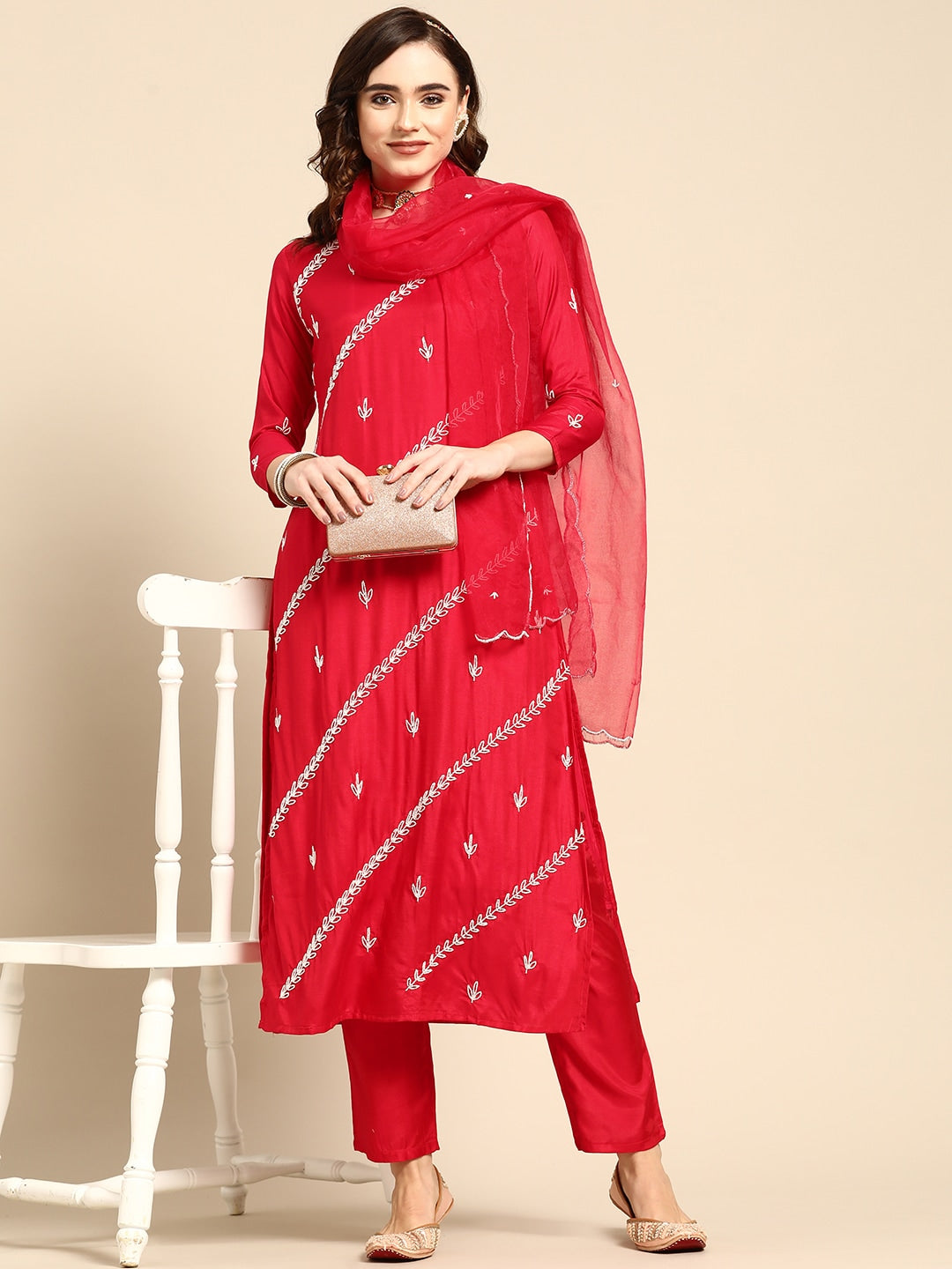 Sangria Women Red & White Ethnic Embellished Beaded Kurta with Trousers & Dupatta | Grocsy