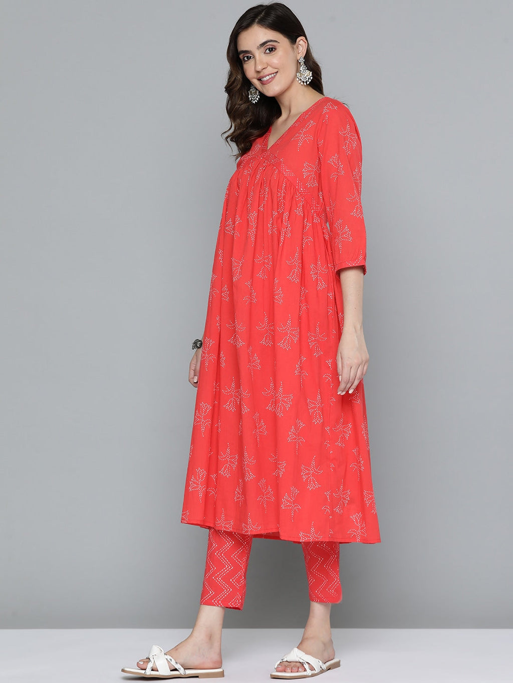 HERE&NOW Floral Print Cotton Empire Kurta with Trousers | Grocsy