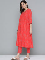 HERE&NOW Floral Print Cotton Empire Kurta with Trousers | Grocsy