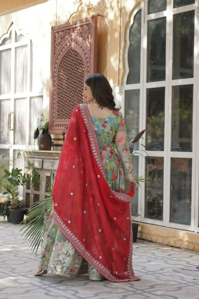Vastranavya Multicolor Russian Silk Foil Embroidery with Zari Sequins & Digital Printed Gown Dupatta | Grocsy