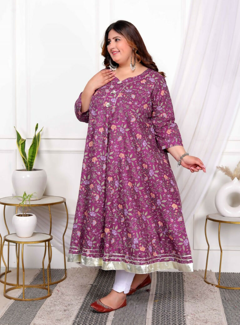 Miravan Women's Plus Size Cotton Gota Patti And Lace Border Details Floral Printed Purple Anarkali Kurta | Grocsy